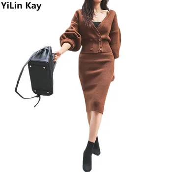 YiLin Kay, Новый осенний комплект из двух предметов, вязаный свитер с крыльями летучей мыши, женский юбочный костюм 2023, осенний комплект из 2 предметов, женский свитер + юбка