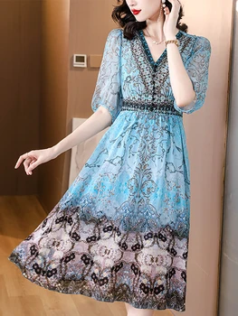 2023 Синее шелковое роскошное Вечернее Длинное платье в цветочек, Летнее повседневное домашнее платье с коротким рукавом и V-образным вырезом, Женское Винтажное Элегантное облегающее платье