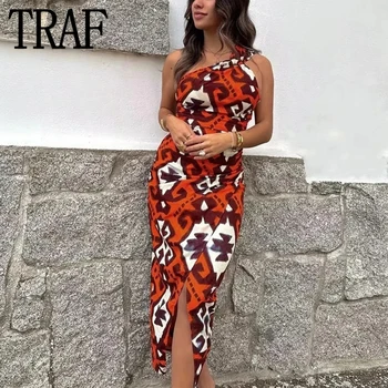 TRAF 2023 Асимметричное платье миди с женским принтом, длинные платья с открытыми плечами, сексуальное вечернее платье с открытой спиной, пляжные летние платья