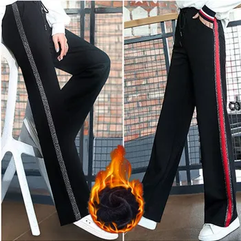 Женские плюшевые широкие брюки, осень-зима 2023, высокая талия, свободный крой, прямая труба, утолщенные черные брюки, спортивные