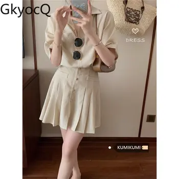 Летнее платье GkyocQ, платье-рубашка в полоску, Плиссированные мини-платья с коротким рукавом, облегающие талию, Корейская повседневная одежда для юных леди