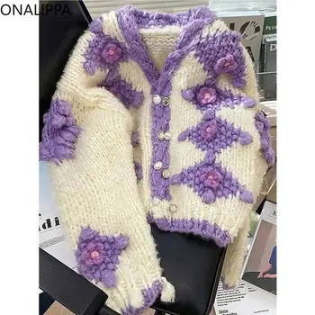 Onalippa Контрастный кардиган с цветочным рисунком, вязаный толстой спицей, с небольшим ароматом, Пурпурные укороченные кардиганы, Корейский свитер 