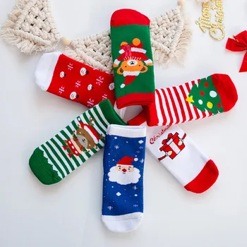Рождественские носки, зимние утепленные махровые носки, нескользящие носки в пол с изображением лося Санта-Клауса, теплые носки для мальчиков и девочек