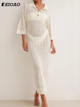 Женское трикотажное облегающее платье Deioao Три четверти на лето 2023, элегантная прозрачная сексуальная пляжная юбка, однотонные длинные платья с V-образным вырезом