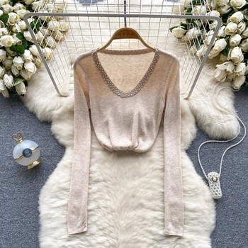 Легкая элегантная вязаная рубашка для женщин, осень-зима, однотонный повседневный вязаный пуловер с бриллиантами, топы-свитера с длинным рукавом, L474