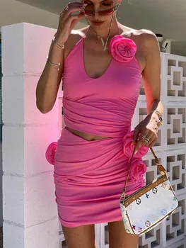 Женские Летние Новые Роскошные Сексуальные Розовые мини-платья с открытыми плечами и цветами, Бандажное платье, Элегантное клубное платье для вечеринки