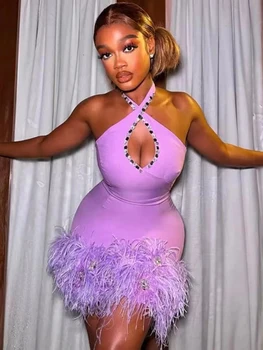 Женское летнее Сексуальное фиолетовое платье без рукавов с пером и бриллиантами Мини 2023 Облегающее Бандажное Элегантное вечернее платье Celebrity Party Club