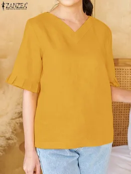 ZANZEA Корейская модная блузка, Летняя Женская туника с V-образным вырезом и коротким рукавом, топы, Женская элегантная однотонная рубашка, Повседневная Хлопковая сорочка 2023