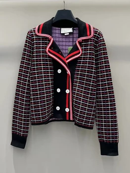 Дизайнерский двубортный шерстяной кардиган в клетку в стиле ретро, женская новая осенняя мода, роскошный прямой свитер, пальто