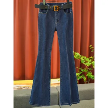 Ретро-брюки в гонконгском стиле, модные темно-синие удлиненные джинсы с микро-маркировкой, женские новинки осени 2023, универсальные для хай-стрит.