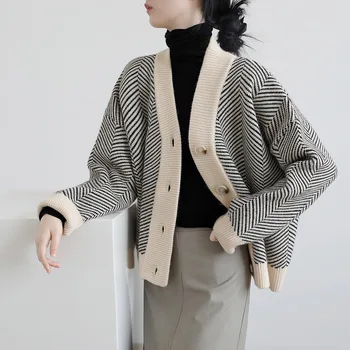 Негабаритный Свободный мягкий вязаный кардиган, свитер, женские винтажные свитера в полоску с V-образным вырезом и длинным рукавом, женский корейский шикарный топ NS5755