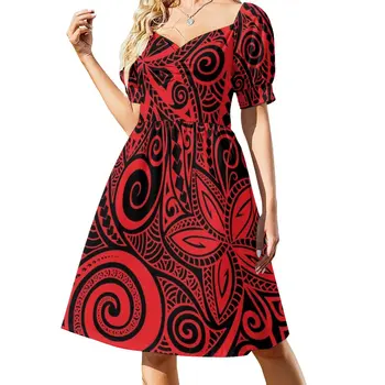 Красное черное платье с полинезийским цветочным дизайном, милое платье, женское летнее платье