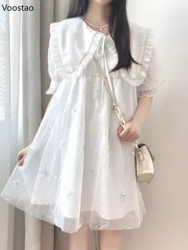 Японское милое платье в стиле Лолиты, женское Милое платье с пышными рукавами, Сетчатая бабочка, лоскутные студенческие платья для вечеринок, Кавайные свободные платья