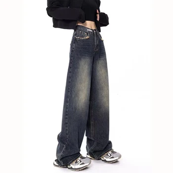 Темные мешковатые джинсы Y2k, женские прямые свободные джинсы BF с высокой талией, повседневные джинсовые брюки с широкими штанинами, женские осенне-зимние брюки