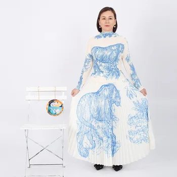 Плиссированный женский костюм Miyake 2023, новый модный принт, Темпераментный свободный топ с длинным рукавом + юбка, элегантный комплект из двух предметов