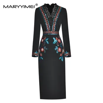 MARYYIMEI Осеннее модное дизайнерское женское платье С кружевным V-образным вырезом И длинными рукавами, Расшитое пайетками, модные Винтажные черные платья