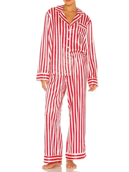 Женский Рождественский пижамный комплект, полосатая рубашка с длинным рукавом, брюки с эластичной резинкой на талии, пижамы для рождественских праздников, 2 шт.