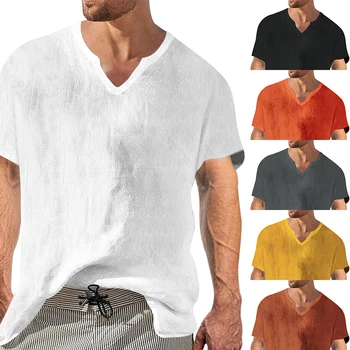 Летняя мужская повседневная удобная хлопковая льняная футболка с V-образным вырезом и коротким рукавом, однотонный уличный стиль 2023 года