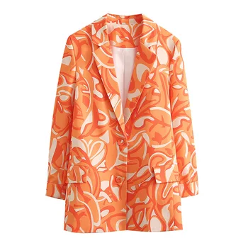 Весенне-осенний модный повседневный женский однобортный маленький пиджак с оранжевым принтом