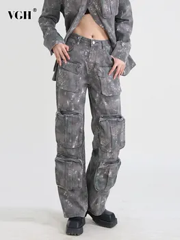 VGH камуфляжные джинсовые брюки с карманами в стиле пэчворк для женщин, уличная одежда с высокой талией, свободные джинсы на пуговицах, женская модная одежда