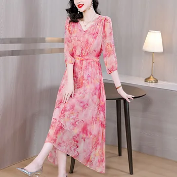 Милое розовое платье с принтом, женское летнее новинка 2023, элегантное длинное платье с V-образным вырезом, уменьшающее возраст, женское модное пляжное платье в стиле бохо