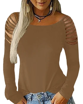 Женские топы с длинными рукавами и открытыми плечами, однотонные повседневные блузки с вырезом лодочкой, рубашки