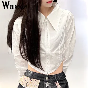 Женская Элегантная блузка на молнии 2023, Летнее Универсальное Корейское издание, Модные Y2k, Эстетичные рубашки с длинным рукавом, Однотонный Нерегулярный топ