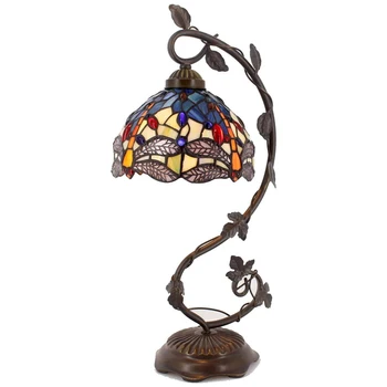 Настольная лампа WERFACTORY Tiffany с витражным стеклом Синежелтая настольная лампа в стиле Стрекозы с металлическим листом на основе 8X10X21 дюйма