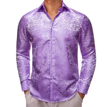 Дизайнерские рубашки для мужчин, шелковые, с длинным рукавом, светло-фиолетовые, серебристые, с узором Пейсли, облегающие мужские блузки, повседневные топы, дышащие Barry Wang