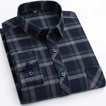 Новая хлопчатобумажная рубашка для мужчин, повседневные рубашки в клетку и полоску с длинным рукавом, мужская рабочая рубашка на пуговицах с карманами обычного покроя