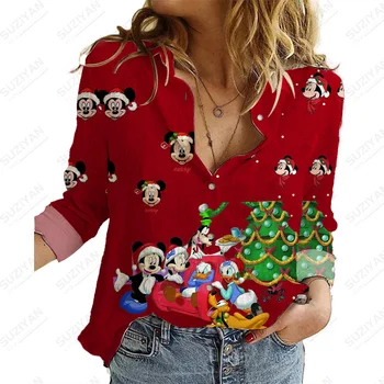 Disney Christmaswomen'S Fashion Блузка с длинным рукавом Микки и друзья, свободные женские рубашки, топы, женская мода