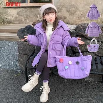 Корейское детское пальто с капюшоном, зимняя куртка для девочек, детская верхняя одежда с хлопковой подкладкой, Детский Поясной ремень, сумка для одежды, подарок на выбор