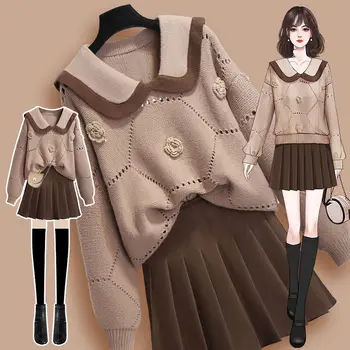Женская одежда в стиле колледжа, снижающая возраст, Весна-осень 2023, новый Универсальный тонкий свитер, плиссированная юбка, комплект из двух предметов