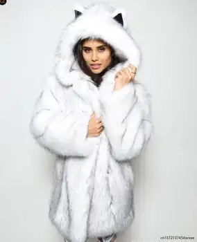 Зимняя длинная Толстая теплая шуба из искусственного меха, женские пальто из искусственного меха с милыми ушками животных, черное Женское элегантное пальто