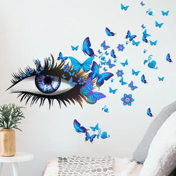 Креативная голубая наклейка для глаз девушки с голубыми глазами, Длинные ресницы, наклейки с летящей бабочкой, Гостиная для девочек, Сделай САМ, Домашний декор