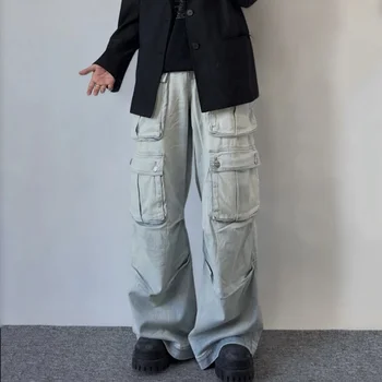 Выстиранные Широкие брюки-карго в стиле харадзюку с несколькими карманами, американские уличные Свободные прямые джинсы, прямые повседневные брюки в стиле хип-хоп для мытья посуды