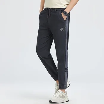 Высококачественные хлопчатобумажные повседневные брюки для мужчин, весенне-осенний тренд, корейская версия с вышивкой, спортивные брюки свободного кроя с прямыми штанинами