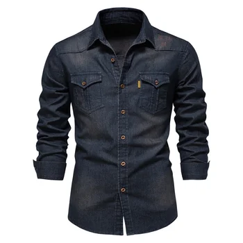 Хлопчатобумажная джинсовая рубашка Мужская с длинным рукавом, тонкие повседневные ковбойские рубашки Slim Fit, винтажная Корейская одежда, блузки 2023 года выпуска