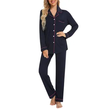 Женский пижамный комплект, топы и брюки, пижамы с отложным воротником, 2 предмета, женская одежда для отдыха, домашний костюм с длинными рукавами