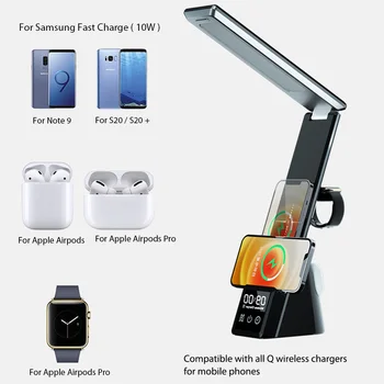 15 Вт Многофункциональная лампа для чтения, будильник, беспроводное зарядное устройство QC PD, подставка для телефона 6 в 1 для iWatch для iPhone Samsung