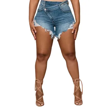 Женские джинсовые шорты, не растягивающиеся джинсовые шорты с высокой талией, Асимметричный подол летних горячих шорт