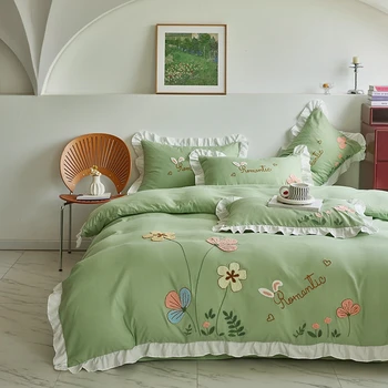 Комплект вышитого пододеяльника с наволочкой, постельное белье в кружевном стиле для комнаты девочек, зеленые комплекты постельного белья размера Queen Size постельное белье