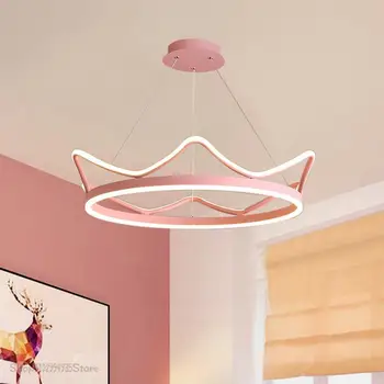 Современная светодиодная лента, кольцевая люстра в форме короны, Золотисто-розовый подвесной светильник из нержавеющей стали для детской Спальни, потолочный светильник