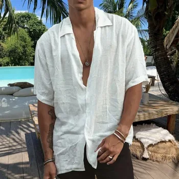 Новая летняя мужская рубашка из хлопка и льна, повседневная рубашка с короткими рукавами, высококачественная официальная пляжная рубашка с лацканами, мужская одежда