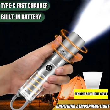 Мощный светодиодный фонарик Кемпинговые фонари Супер яркий портативный USB Перезаряжаемый фонарь для рыбалки на открытом воздухе Встроенный аккумулятор