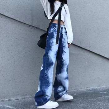 Модные Женские джинсы с высокой талией, свободные, широкие повседневные джинсы, женские прямые брюки в стиле уличный хип-хоп