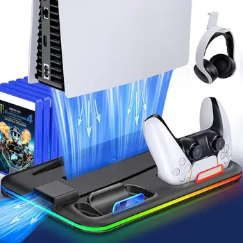Вертикальный Охладитель Подставки PS5 с RGB Подсветкой и Зарядной Станцией с Двойным Контроллером, 6 Игровых Слотов, Вентилятор Охлаждения Подставки PS5 для Playstation 5