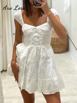 Белое кружевное Открытое мини-платье для женщин 2023, Летнее Сексуальное кружевное платье с квадратным вырезом, Женское Шикарное праздничное платье с открытыми плечами