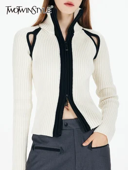 Женские свитера тонкой вязки с цветными блоками TWOTWINSTYLE, длинный рукав с отворотом, вырез в холодную погоду, свитер на молнии, женский