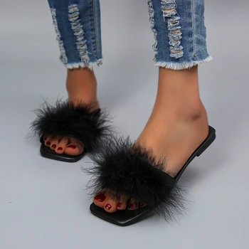 Модные женские тапочки с меховым дизайном 2023, Летние Новые однотонные сандалии с открытым носком, большие размеры, женские шлепанцы на плоской подошве для отдыха. Женская обувь